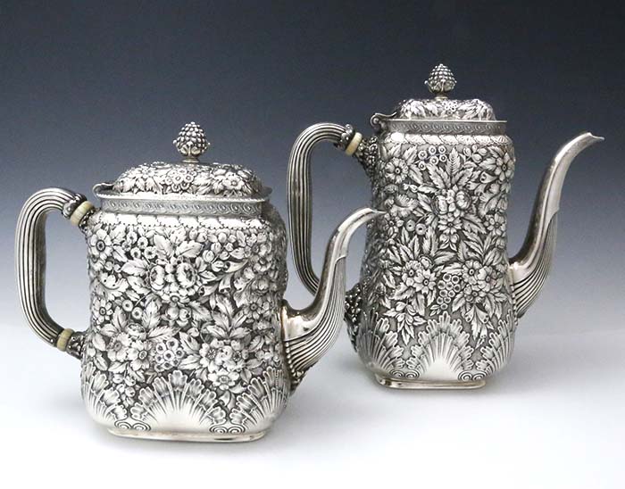 Tiffany repousse antique sterling silver teapots